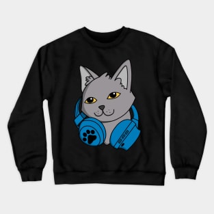 British Shorthair Cat's Blue Headphones Crewneck Sweatshirt